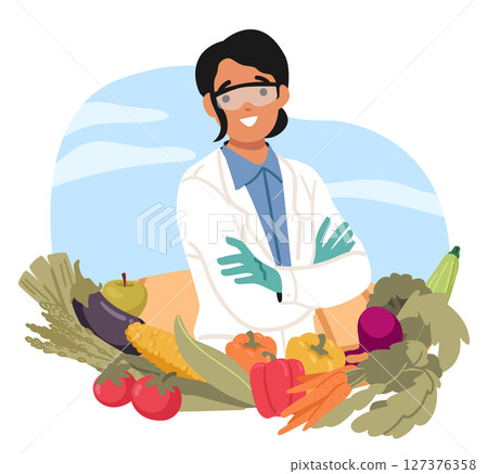 Woman scientist surrounded by abundance of natural organic products of smart agricultural farm 127376358