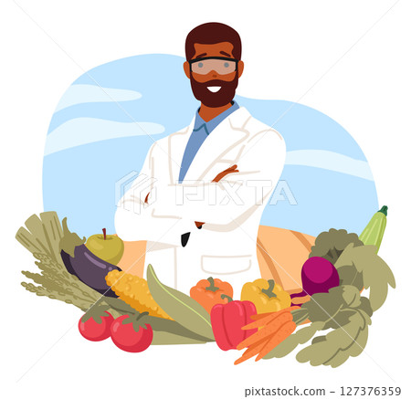 Confident man biotechnology lab scientist surrounded by new breed of vegetables harvest portrait Confident man biotechnology lab scientist surrounded by new breed of vegetables harvest portrait 127376359