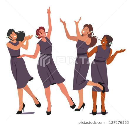 Happy cheerful bridesmaids girl friends wearing festive dresses isolated on white background 127376363