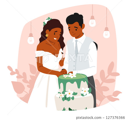Happy loving newlyweds couple cutting bridal cake enjoying traditional wedding ceremony ritual Happy loving newlyweds couple cutting bridal cake enjoying traditional wedding ceremony ritual 127376366