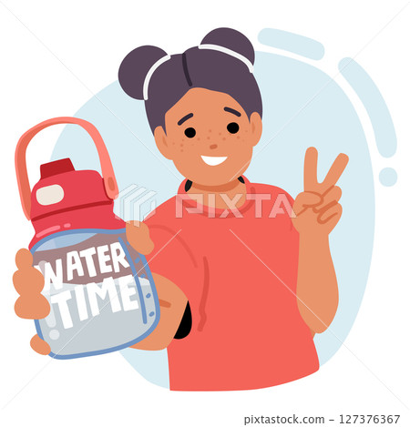Pretty girl child character enjoying refreshment and stay hydrated promoting water time cartoon 127376367