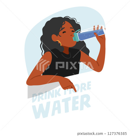 Trendy fashion woman thirsty young character drinking more fresh water from bottle carton scene Trendy fashion woman thirsty young character drinking more fresh water from bottle carton scene 127376385