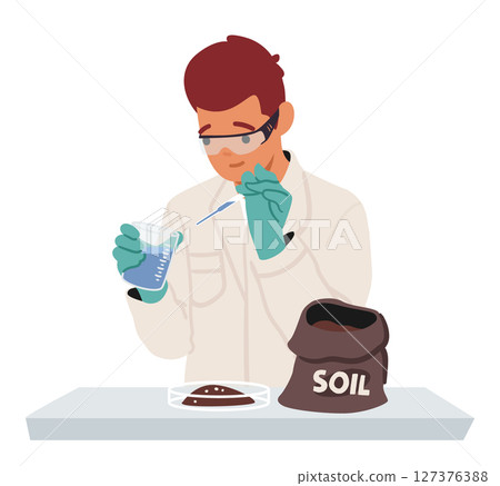 Man scientist testing soil checking ground fertility working with laboratory equipment cartoon scene 127376388