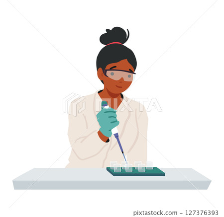 Woman scientist researcher conducting chemical experiment making analysis at laboratory scene 127376393