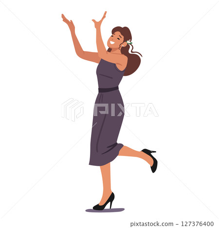 Joyful woman cartoon bridesmaid character in stylish dress raising hands up to catch bridal bouquet 127376400