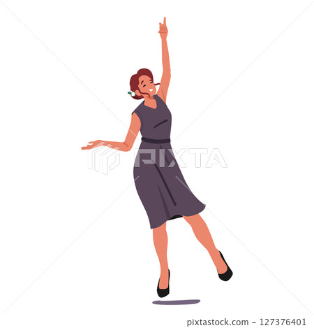 Excited unmarried young woman cartoon character in festive dress jumping for bridal bouquet 127376401