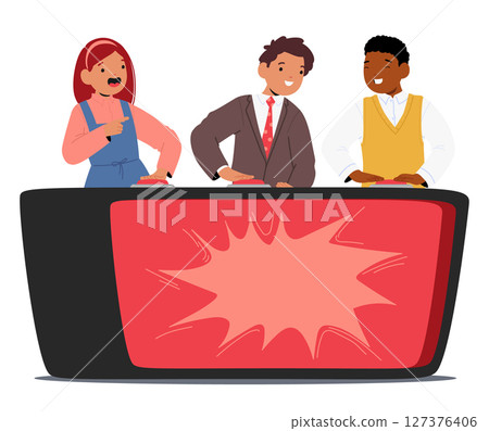 Clever kids enthusiastic participants cartoon characters playing quiz game show isolated on white Clever kids enthusiastic participants cartoon characters playing quiz game show isolated on white 127376406