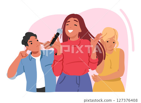 People suffering from loud sound while young woman singing karaoke cartoon vector illustration 127376408