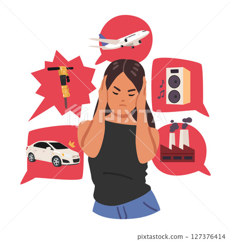Young woman cartoon character suffering from noise pollution of big city vector illustration 127376414