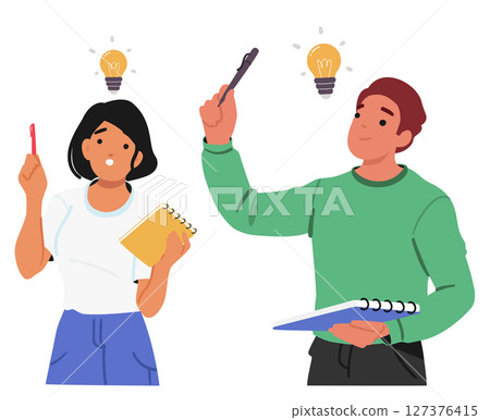 Man and woman with pen and notebook finding good business strategy having plan isolated on white 127376415