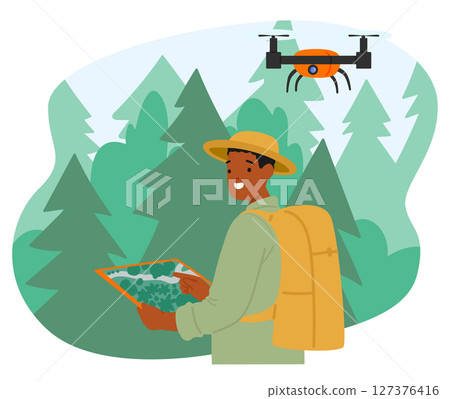 Man environmentalist examining rainforest on tropics applying automated drone technology scene 127376416