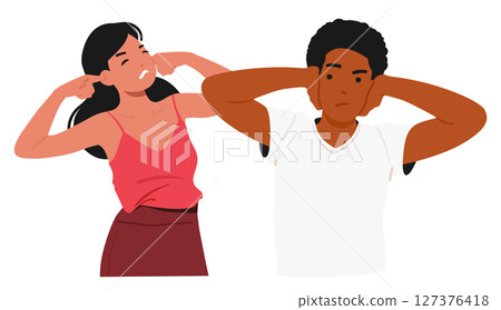 Sensitive diverse people cartoon characters closing ears ignoring loud sounds suffering from noise 127376418