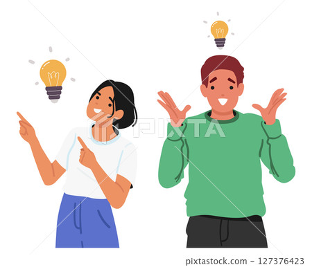 Happy smiling man and woman isolated cartoon characters feeling inspiration generating good idea Happy smiling man and woman isolated cartoon characters feeling inspiration generating good idea 127376423