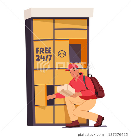 Courier character using free self service public parcel lockers for package shipping to addressee 127376425