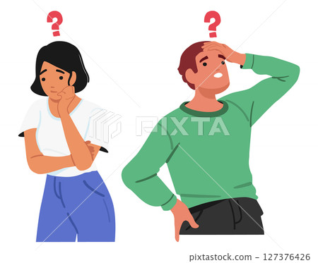 Man and woman puzzled, overwhelmed and questioned emotional reaction on stress isolated set Man and woman puzzled, overwhelmed and questioned emotional reaction on stress isolated set 127376426