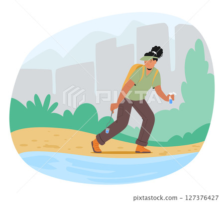 Woman ecologist character taking samples of water caring for environment and ecosystem scene Woman ecologist character taking samples of water caring for environment and ecosystem scene 127376427