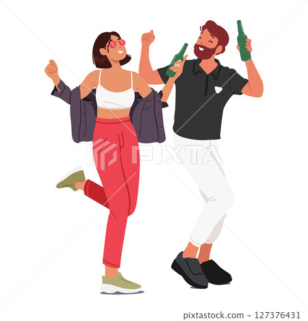Happy partying man and woman couple cartoon characters dancing enjoying fun disco activity Happy partying man and woman couple cartoon characters dancing enjoying fun disco activity 127376431