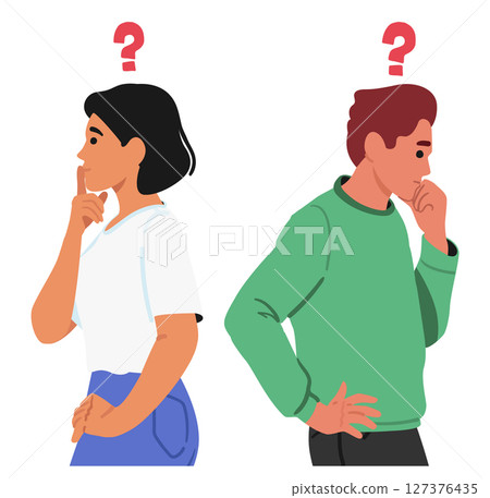 Young doubt man and woman cartoon characters pondering solving problem searching decision side view Young doubt man and woman cartoon characters pondering solving problem searching decision side view 127376435