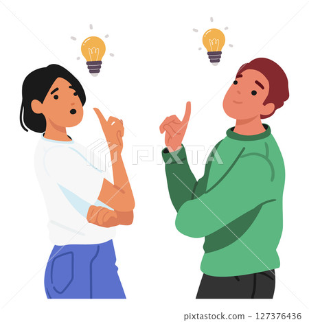Emotional man and woman cartoon characters having idea finding decision portrait isolated on white Emotional man and woman cartoon characters having idea finding decision portrait isolated on white 127376436