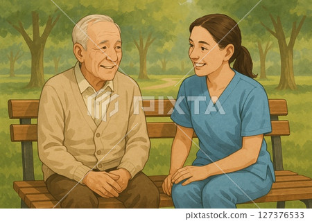 Elderly people and caregivers talking on a park bench 127376533