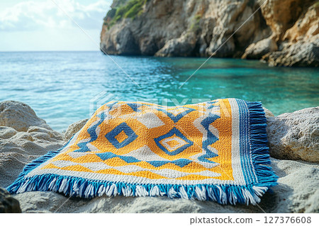 Beach towel with bold geometric patterns in summer beach. Retro style. Close-up. 127376608