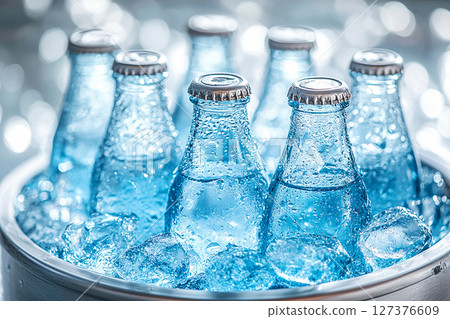 Summer barbecue. Retro cooler filled with glass soda bottles and ice. Retro style. Close-up. Summer barbecue. Retro cooler filled with glass soda bottles and ice. Retro style. Close-up. 127376609