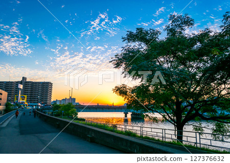 Evening view around Kanzaki River and Mikuni Station Evening view around Kanzaki River and Mikuni Station 127376632