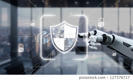 Futuristic Robot Hand Interacting with Cybersecurity Shield in Modern Office Environment, Representing Advanced Technology and Data Protection Concept. Auvana Futuristic Robot Hand Interacting with Cybersecurity Shield in Modern Office Environment, Representing Advanced Technology and Data Protection Concept. Auvana 127376727