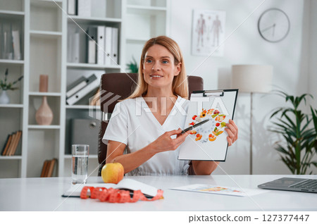 With picture of food and vitamins. Young female doctor in white coat is indoors With picture of food and vitamins. Young female doctor in white coat is indoors 127377447