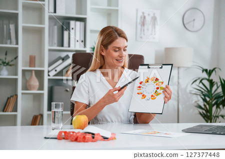 With picture of food and vitamins. Young female doctor in white coat is indoors 127377448
