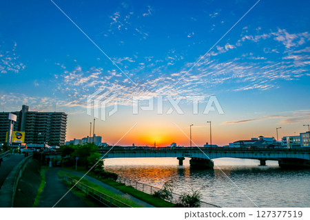 Evening view around Kanzaki River and Mikuni Station Evening view around Kanzaki River and Mikuni Station 127377519