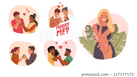 Marriage proposal cartoon scene set with happy excited young people feeling love romantic emotions Marriage proposal cartoon scene set with happy excited young people feeling love romantic emotions 127377572