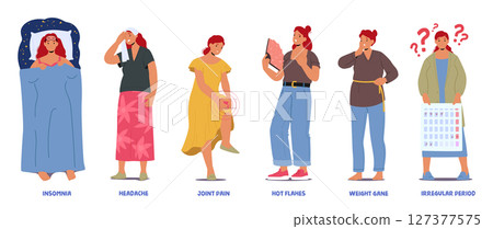 Female menopause symptoms emotional and physical changes cartoon vector illustration isolated set 127377575