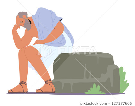 Ancient elderly philosopher cartoon character frowning forehead sitting on stone in deep thinking 127377606