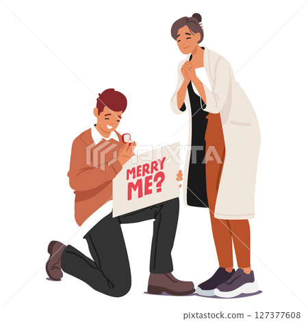 Shy boyfriend giving ring to girlfriend with marriage proposal standing on knee isolated on white 127377608