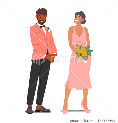 Man woman guests on wedding ceremony cartoon characters wearing festive clothes isolated on white Man woman guests on wedding ceremony cartoon characters wearing festive clothes isolated on white 127377609