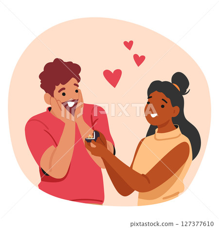 Cartoon portrait of young couple where woman proposing man to marry her with engagement ring Cartoon portrait of young couple where woman proposing man to marry her with engagement ring 127377610