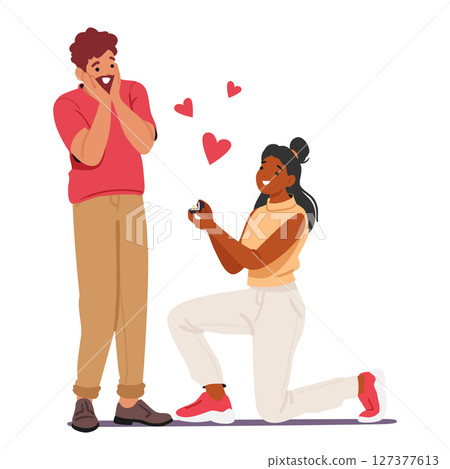 Girlfriend proposing to marry kneeling front of boyfriend holding gold ring in box isolated on white Girlfriend proposing to marry kneeling front of boyfriend holding gold ring in box isolated on white 127377613
