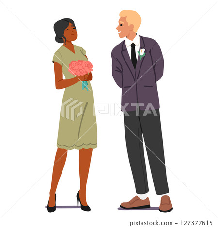 Groomsman and bridesmaid cartoon characters wearing traditional festive clothes isolated on white 127377615