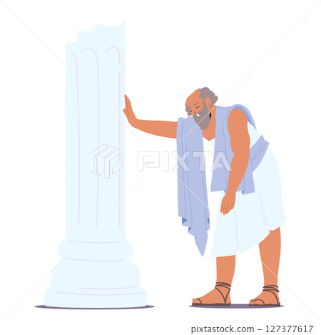 Tired exhausted ancient elderly philosopher comic cartoon character leaning on antique column 127377617