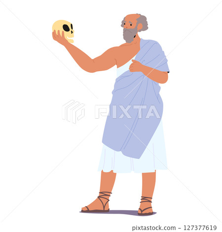 Thoughtful doubt ancient elderly philosopher cartoon character looking at human skull on hand 127377619