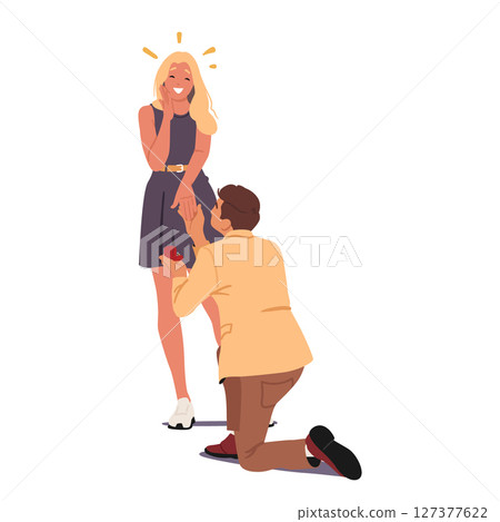 Happy young woman feeling shy and surprised getting marriage proposal from her boyfriend lover 127377622