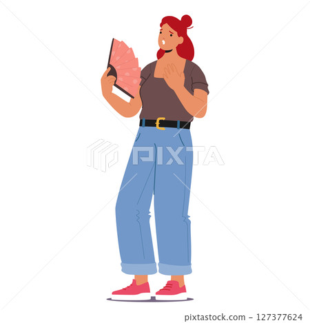 Fatigue woman cartoon character feeling unwell suffering from hot flames waving fan in front of face Fatigue woman cartoon character feeling unwell suffering from hot flames waving fan in front of face 127377624