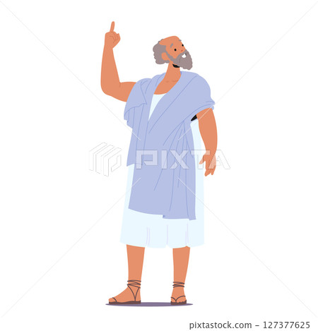 Ancient elderly philosopher cartoon character pointing finger up having genius idea attained wisdom 127377625