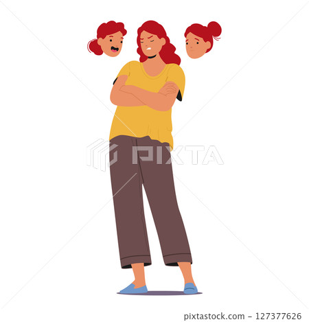 Woman cartoon character suffering from sudden mood changes standing isolated on white background 127377626