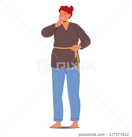Worried shocked woman cartoon character suffering from weight gain measuring waist with tape 127377632