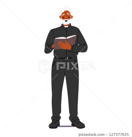 Priest cartoon character reading text from bible book for wedding ceremony isolated on white Priest cartoon character reading text from bible book for wedding ceremony isolated on white 127377635