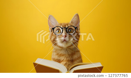 Red cat in black framed glasses with a book in the bright yellow backdrop Red cat in black framed glasses with a book in the bright yellow backdrop 127377765