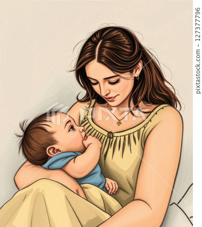 Happy mother with a child in her arms. A young beautiful woman admires her baby. 127377796