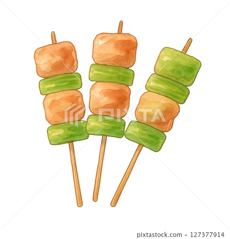 Watercolor hand-drawn illustration | Yakitori with three skewers of Negima 127377914